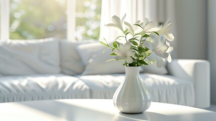 Living room interior design with white vase of fresh lilies on a table, Cozy sofa and greenery in natural light. Home decor inspiration or relaxation concept.