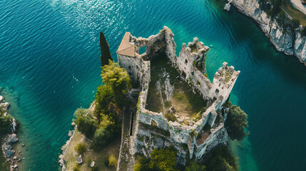 Flying on drone aerial view of Arco Castle ruins - obrazy, fototapety, plakaty
