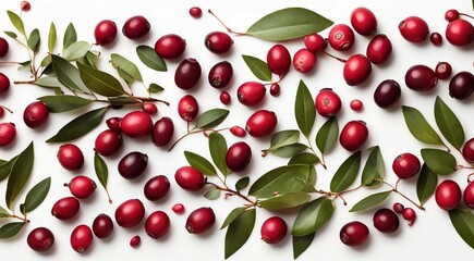 Cranberry with creative leaf pattern isolated on white background. Top view and flat lay, a lot of white empty space, text for advertising