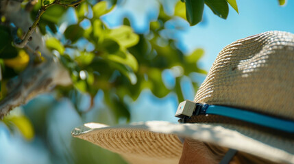 A sensor embedded in a hat tracking exposure to UV rays and sending reminders for sunscreen application.