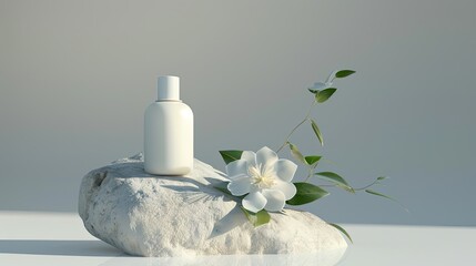 Obraz na płótnie Canvas a bottle of white face cream delicately positioned on a white rock, accompanied by a single white flower, The background a faint grey hue, gradually fading into white.