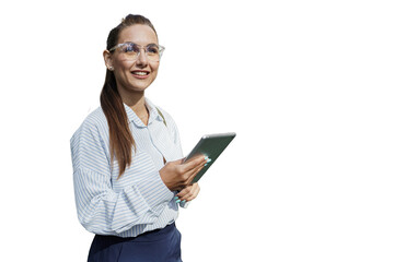 Financier a young woman with glasses uses an office tablet. Transparent isolated background.