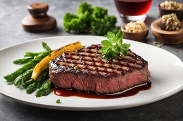 Grilled Medium Rare Steak with Vegetables and Sauce on a Plate