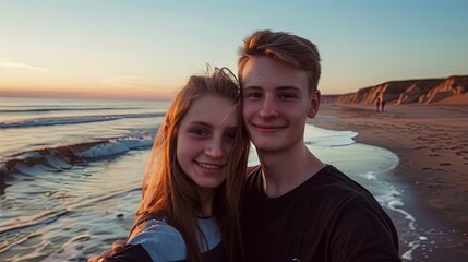 Portrait of young teen couple man and woman on a beach