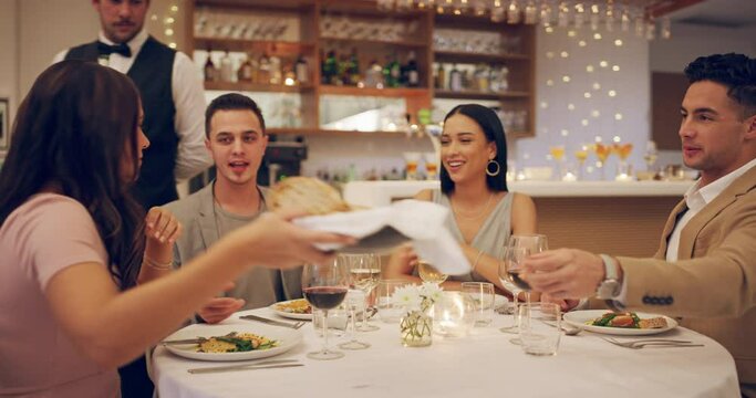 People, friends and eating at restaurant together, bonding and communication or having fun. Men, women and fine dining or conversation and relaxing on holiday, support and wine for celebration