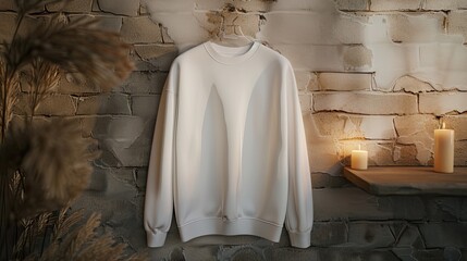 a pure white sweatshirt featuring subtle texture variations in the fabric, against a beige brick wall, softly illuminated by flickering candlelight for a cozy and inviting ambiance.