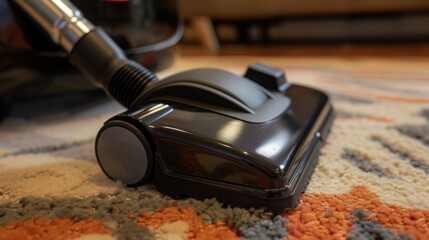 A closeup of the vacuum cleaners durable and detachable handle shows the release button allowing for easy storage and transport.
