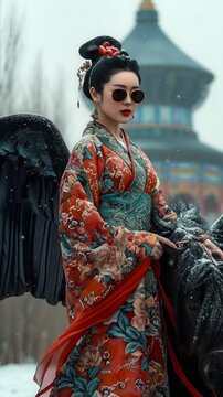 beautiful asian woman in kimono with black angel wings