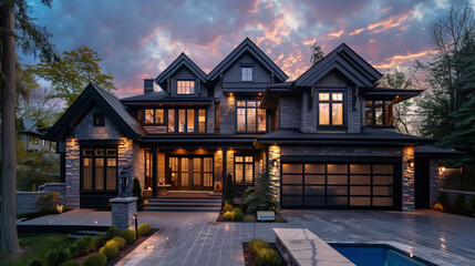 A stunning craftsman house with a stone and wood exterior and a black garage door, showcasing a large deck and a pool, in the twilight.