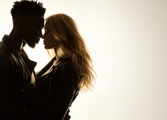 African man and Caucasian woman. Interracial couple concept. Valentines day. Couple in love. Silhouette of a loving couple embracing. Touching foreheads. Leather jacket. Love, Diversity and inclusion.