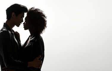 Asian man and African woman. Interracial couple concept. Valentines day. Couple in love. Silhouette of a loving couple embracing. Touching foreheads. Leather jacket. Love, Diversity and inclusion.