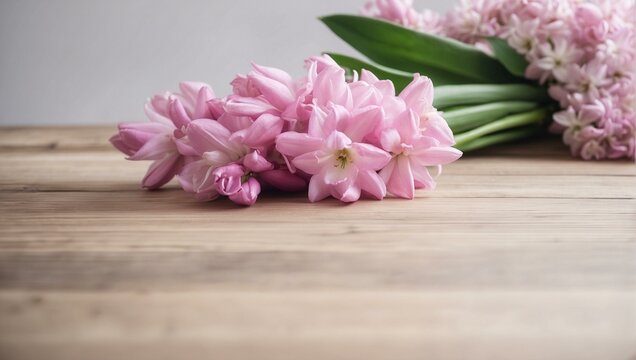 A beautifully captured image of fresh pink hyacinth flowers lying on a rustic wooden table, invoking feelings of spring and rebirth