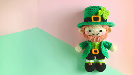 Crocheted leprechaun St. Patrick's on pastel background - obrazy, fototapety, plakaty