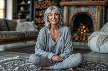 Portrait of a beautiful mature woman sitting in yoga pose at home