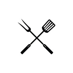 Grill fork and spatula tools Isolated icon set. Barbecue or BBQ symbol silhouette vector illustration
