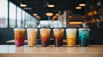 Bubble tea glasses on bright table in modern cafe, creating a vibrant and stylish setting.