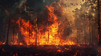 Forest and fire burning trees and large flame