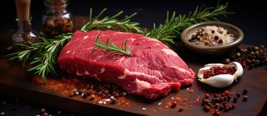 A piece of raw beef steak sits prominently on a wooden cutting board, surrounded by an array of various spices and seasonings. The vibrant colors of the spices contrast beautifully with the rich red