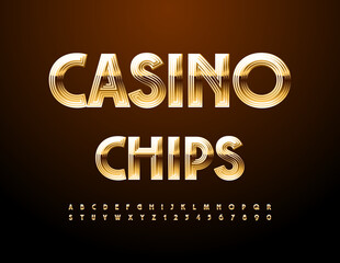 Vector Premium sign Casino Chips. Cool Gold Font. Luxury Trendy Alphabet Letters and Numbers set.