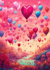 a postcard in pink color against the background of nature, a large number of balloons, balloons in the shape of a heart