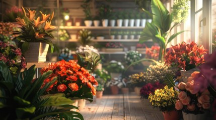 Fototapeta na wymiar a flower shop, a wide-angle lens to encompass the entire scene, emphasizing the beauty and abundance of floral arrangements.