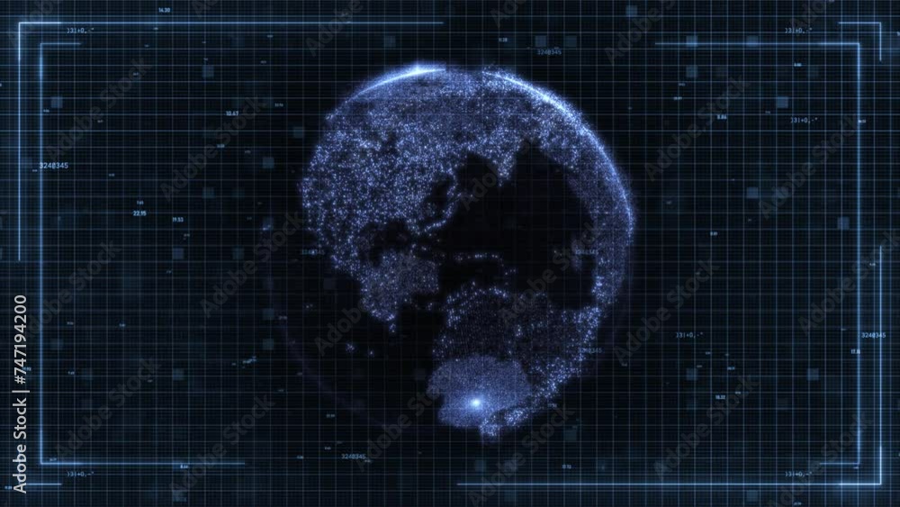 Poster rotating planet earth in a digital frame over a futuristic hi-tech grid and numbers background