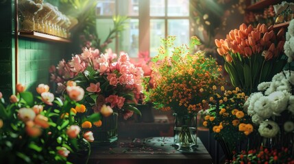 a flower shop, a wide-angle lens to encompass the entire scene, emphasizing the beauty and abundance of floral arrangements.