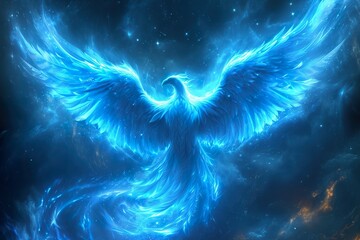 The outline of a blue phoenix, showcase interface cosmic background