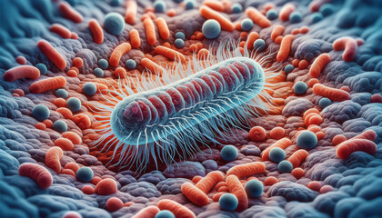 Representation figurative of Bacterium with flagella surrounded by cellular textures, illustrating a microscopic environment. Figurative of Bacterium among Cellular Structures