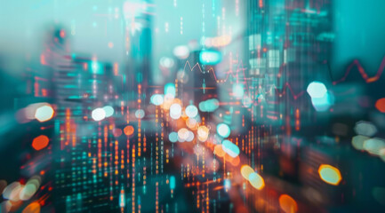 Fototapeta premium Abstract, architecture and building background with double exposure effect for finance, trading or business. Bokeh, lights and sunset cityscape wallpaper for corporate, marketing and big data