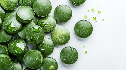 Green algae and dazzling green spirulina in tablets set across a white setting and space, Generative AI. - obrazy, fototapety, plakaty