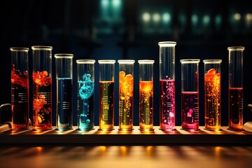 multicolored glass lab test tubes with different chemical liquids in science laboratory