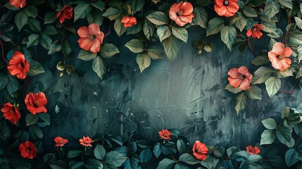 Wallpaper with bright red flowers and lush green leaves against a dark white and deep black background. It creates a mesmerizing emotional color field.