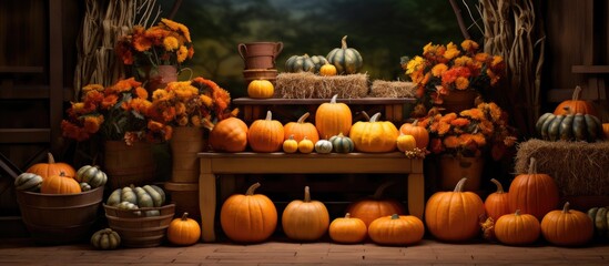 A variety of pumpkins and gourds are artfully arranged on a wooden table, creating a festive and seasonal display. The vibrant colors and unique shapes add a touch of autumn to any Halloween or