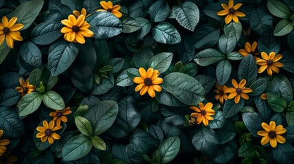 Wallpaper with bright yellow flowers and lush green leaves against a dark white and deep black background. It creates a mesmerizing emotional color field.