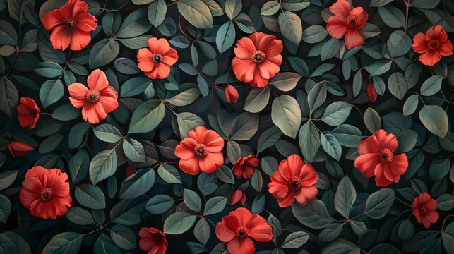 Wallpaper with bright red flowers and lush green leaves against a dark white and deep black background. It creates a mesmerizing emotional color field.