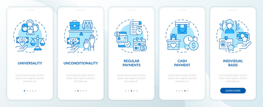 Wages and salaries blue onboarding mobile app screen. Unequal income. Walkthrough 5 steps editable graphic instructions with linear concepts. UI, UX, GUI template. Myriad Pro-Bold, Regular fonts used