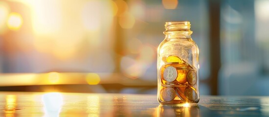 Stack of coins in glass bottle for step up growth saving money concept. AI generated image