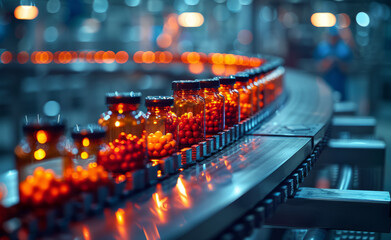 Glass bottles on the conveyor belt in the production line