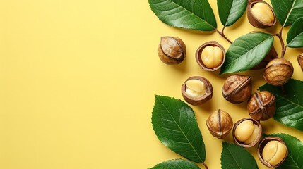 Green foliage and delectable macadamia nuts over a pale yellow setting and space, Generative AI. - obrazy, fototapety, plakaty