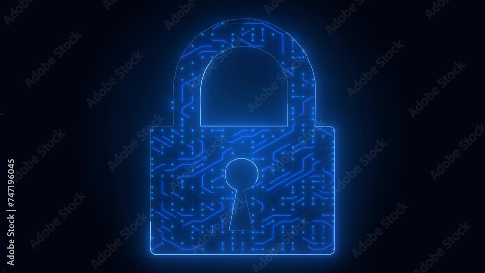 Poster cybersecurity lock animation with circuit board and neon glowing padlock effect
