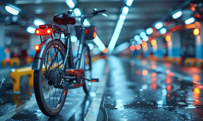 Bicycle parked in the underground garage with red lights - obrazy, fototapety, plakaty