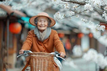 elderly asian woman riding a bicycle with basket on a spring street with cherry blossom trees