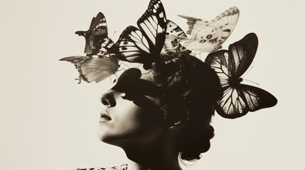 Trendy fashion magazine cover with a woman with butterflies on head and face. Black and white....
