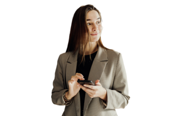 The female manager uses a phone, isolated transparent background.