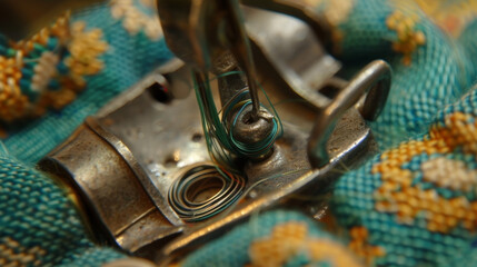 A closeup of the bobbin case where the bottom thread is loaded.