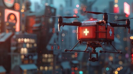 Drone quadcopter carrying first aid kit at urban city. Medical technology concept.
