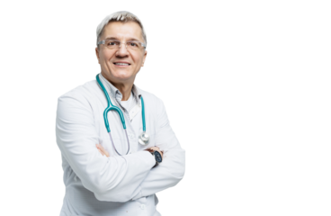 The doctor is a man in a bathrobe, isolated transparent background.