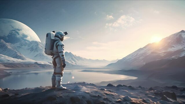 Astronaut exploring an exoplanet. Sci-fi colonist in spacesuit walks on the surface of another planet. People in space. Galactic travel and science concept.