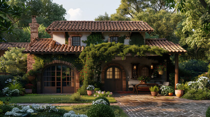 A tudor house with a tile garage and a pergola with vines in the backyard. - obrazy, fototapety, plakaty